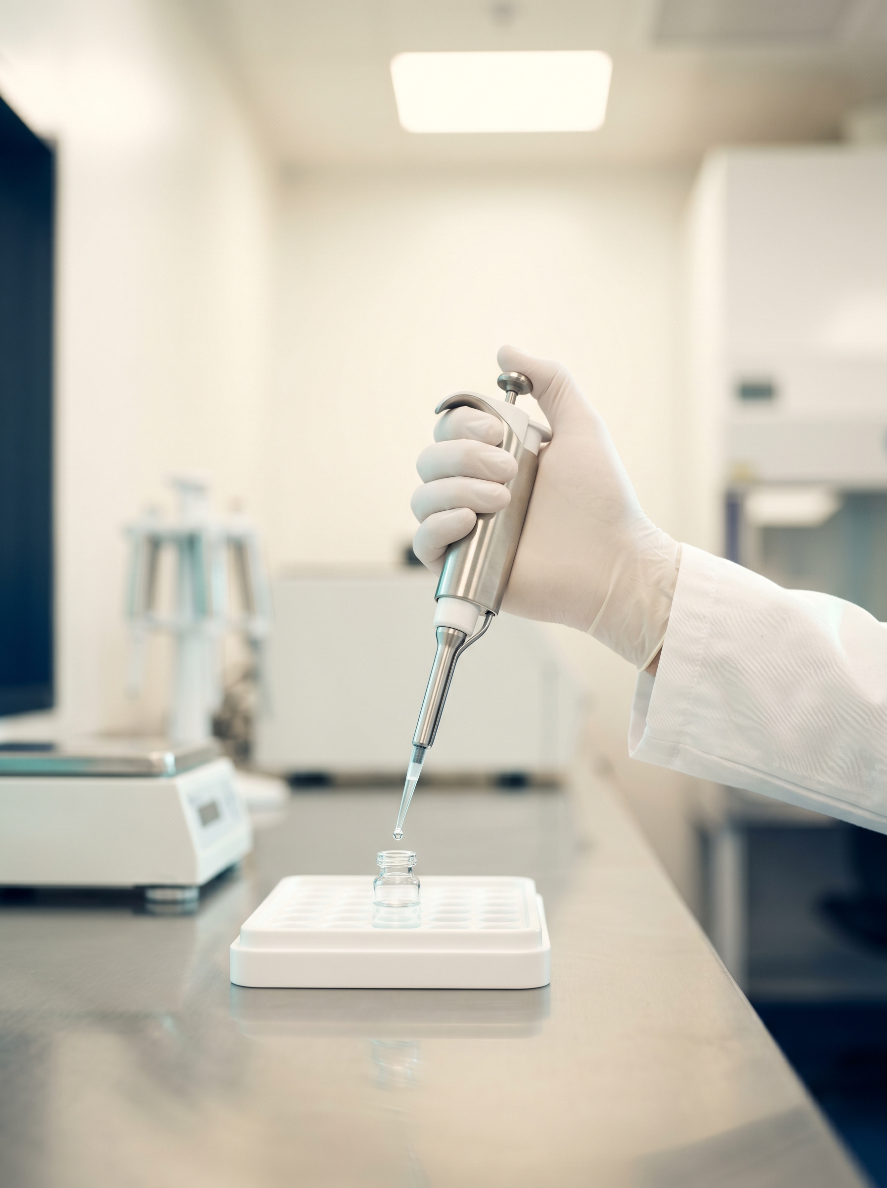 Pharmaceutical-grade laboratory pipette dispensing a precision sample into a clean vial — representing Auralis clinical-grade personalization.